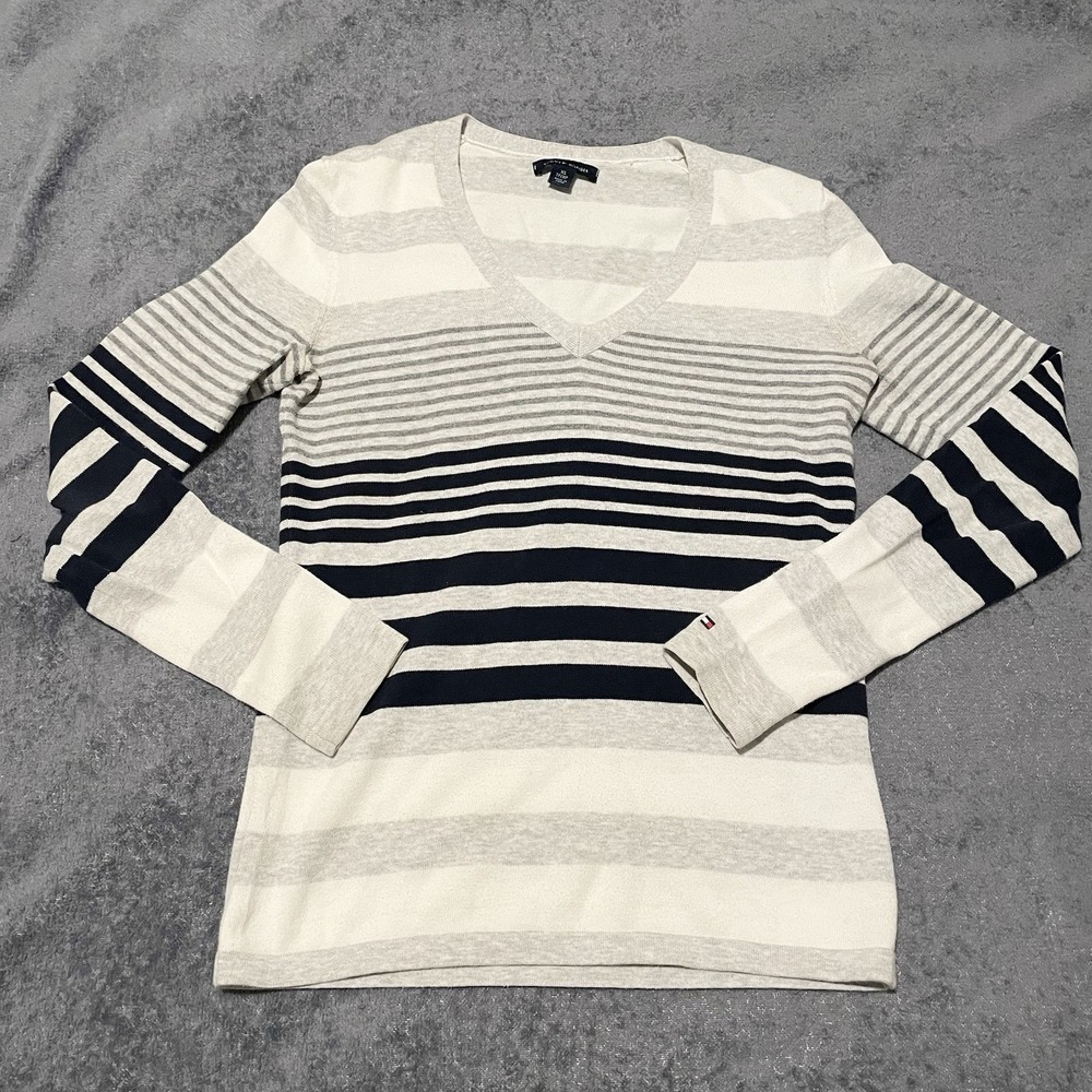 Tommy Hilfiger XS White Striped Pullover Office Business Casual Wear Trip Church